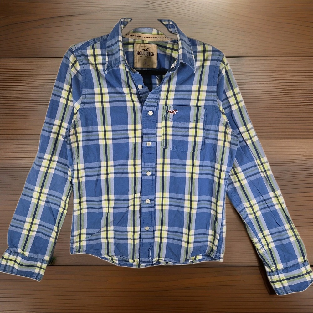 2000s Y2k Hollister Women's Medium Blue Green Plaid Button Up Shirt Cotton